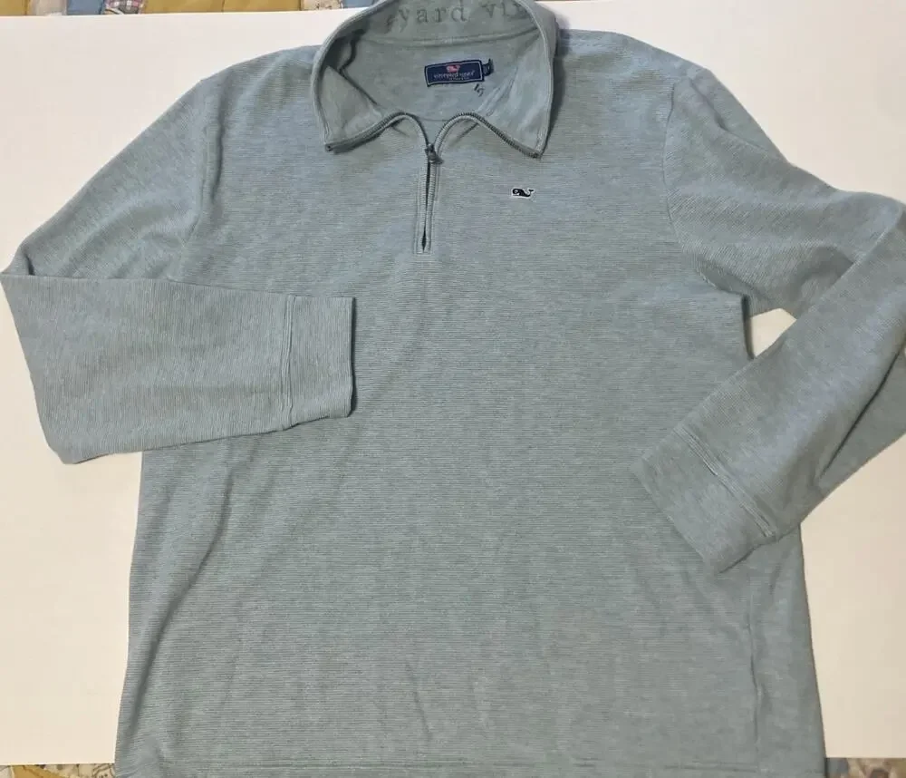 Vineyard Vines Mens XL Saltwater 1/4 Zip Pullover Light Blue Striped Sweater
